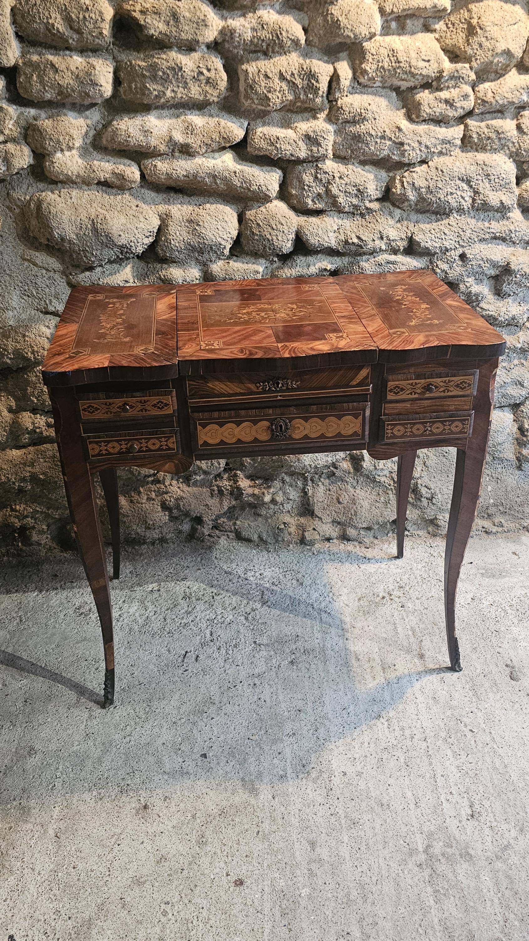 French marquetry dressing table, circa 1900, with adjustable mirror and storage.