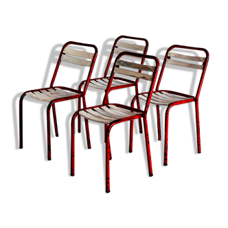 Ensemble de 4 chaises vintage en fer et bois, France 1950