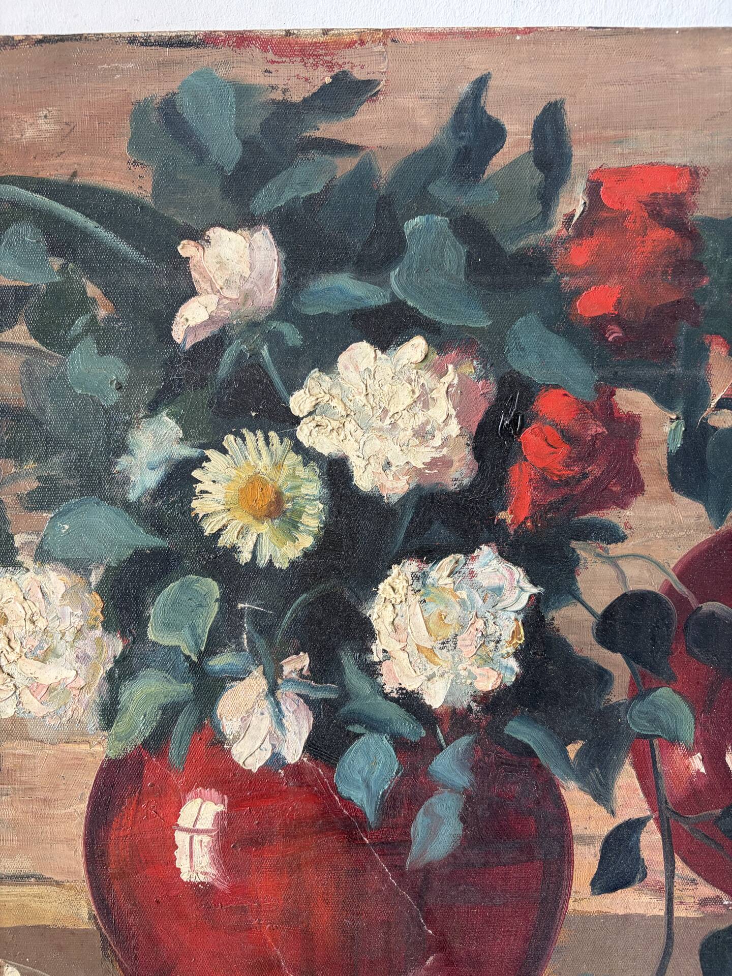 Bouquet of flowers in a red vase, early 20th century, oil on canvas signed.