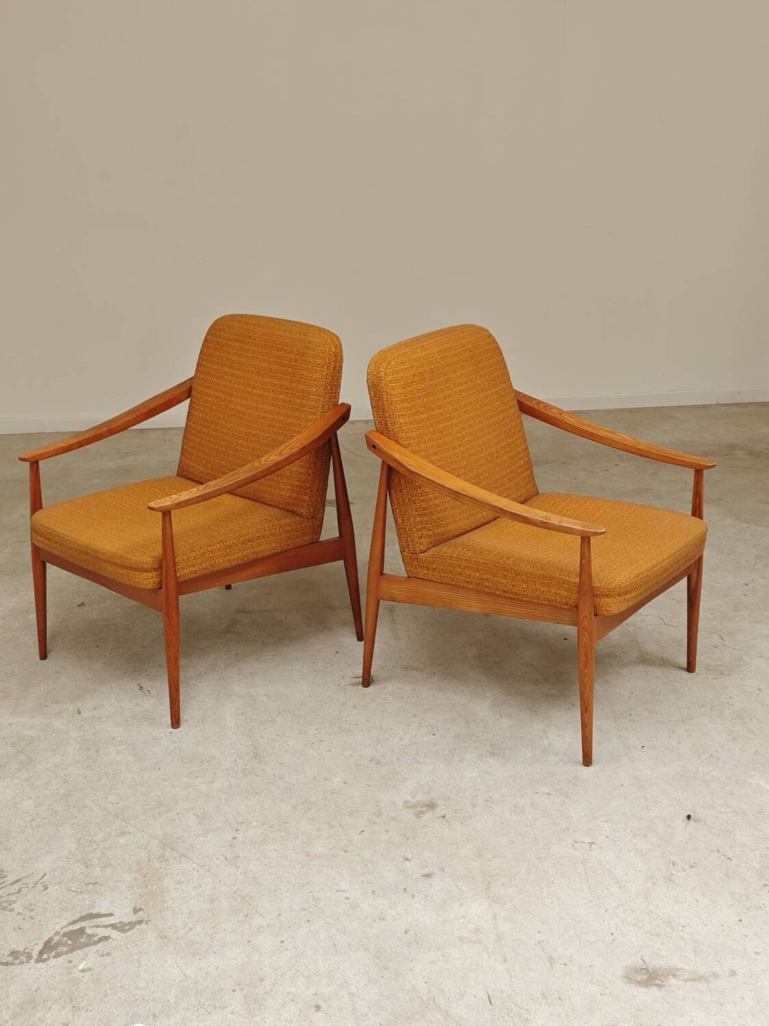 Pair of Czech armchairs in mustard flecked fabric, 1960.