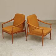 Pair of Czech armchairs in mustard flecked fabric, 1960.