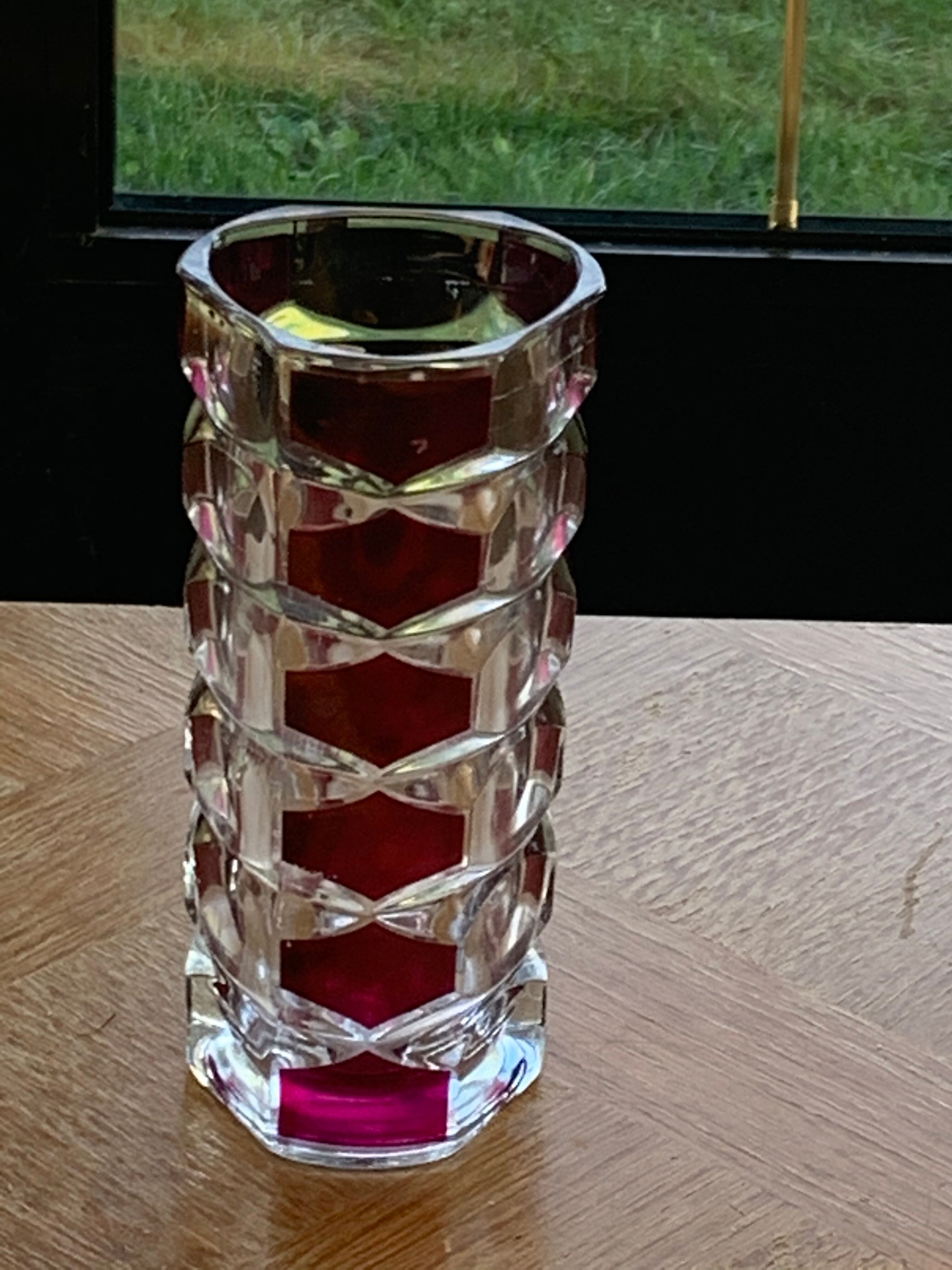 Cylindrical glass vase molded vintage geometric patterns