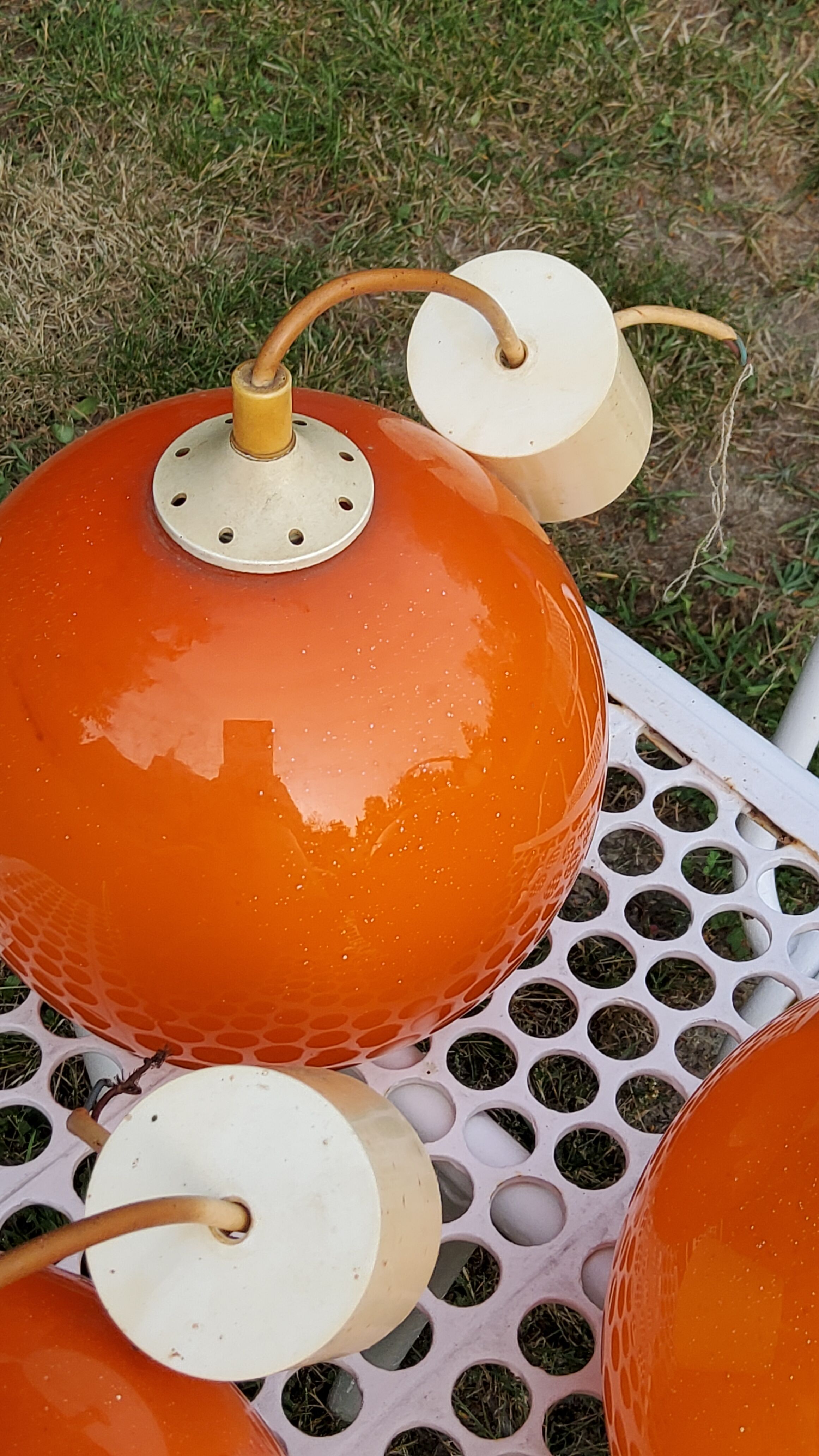 Set of 5 orange glass ball pendants from the 70s
