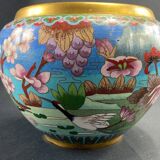 Cloisonné enamel pot cover with floral decoration with heron China Japan