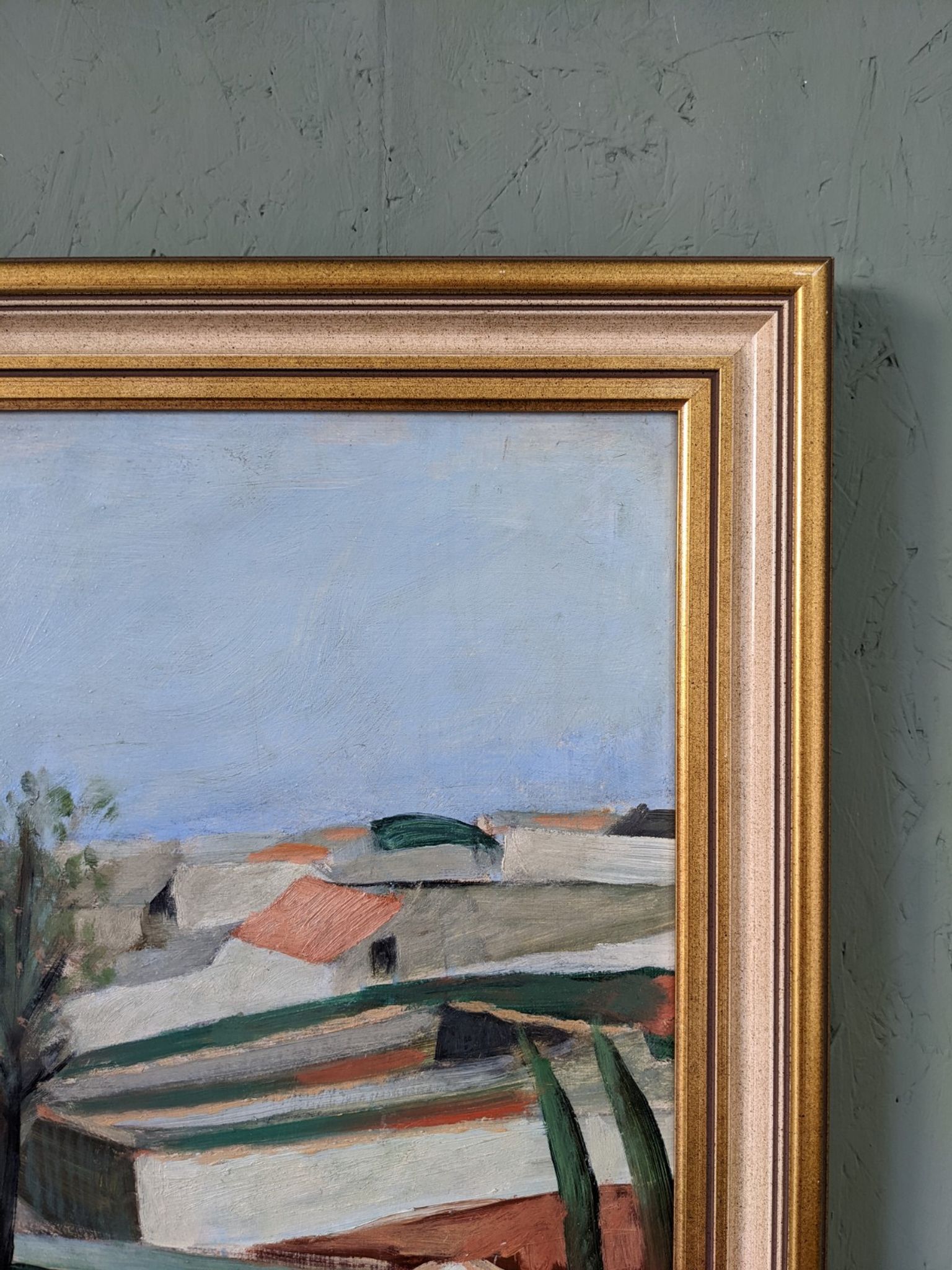 Mid-century modern swedish "slope" landscape, framed oil painting
