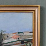 Mid-century modern swedish "slope" landscape, framed oil painting