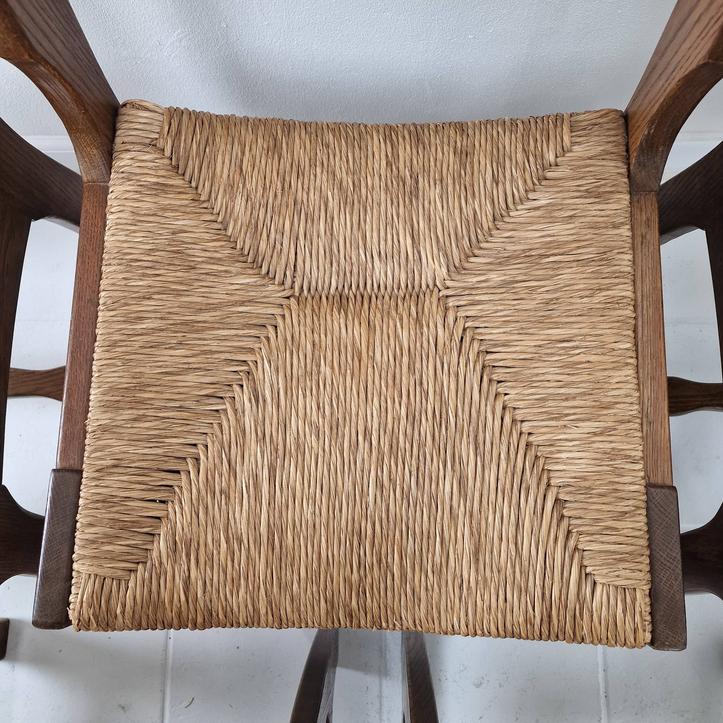 MidCentury Brutalist Oak "Razor Blade" Dining Chairs, Set of 6, France 60's