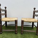 Pair of old low chairs in wood and straw