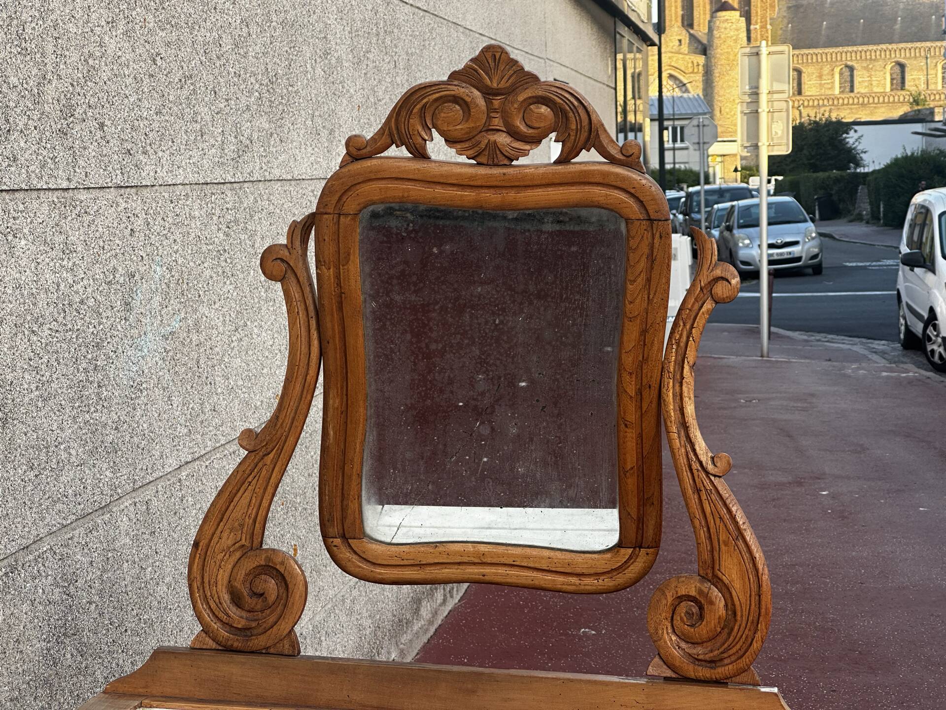 Walnut and marble dressing table, mercury mirror, circa 1850.