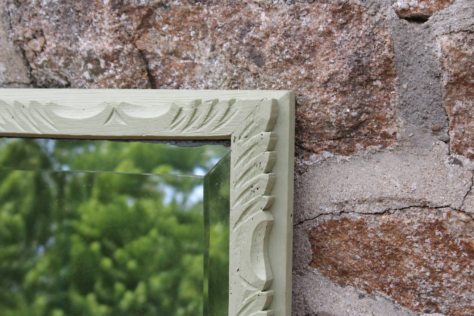 Large antique bevelled mirror in carved solid wood, green lizard – 129 × 75