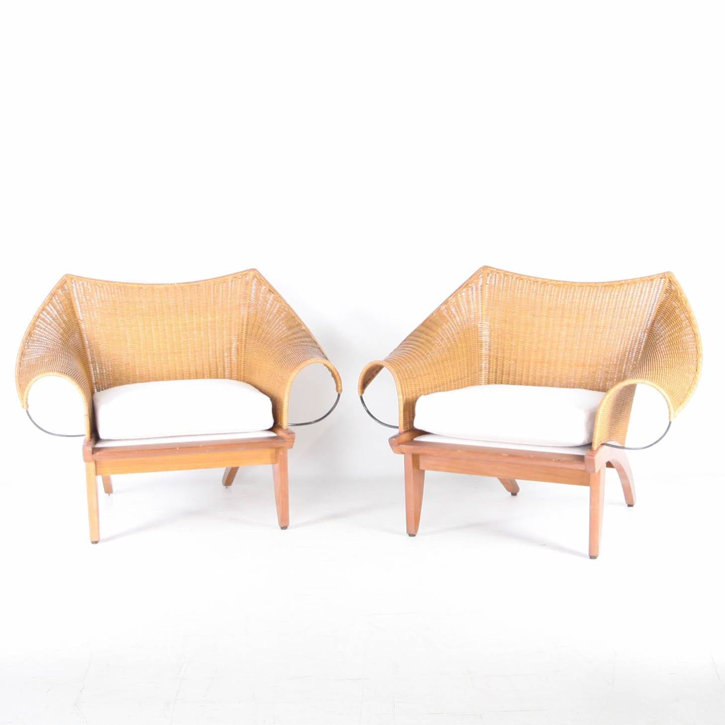 Pair of wooden and wicker armchairs
