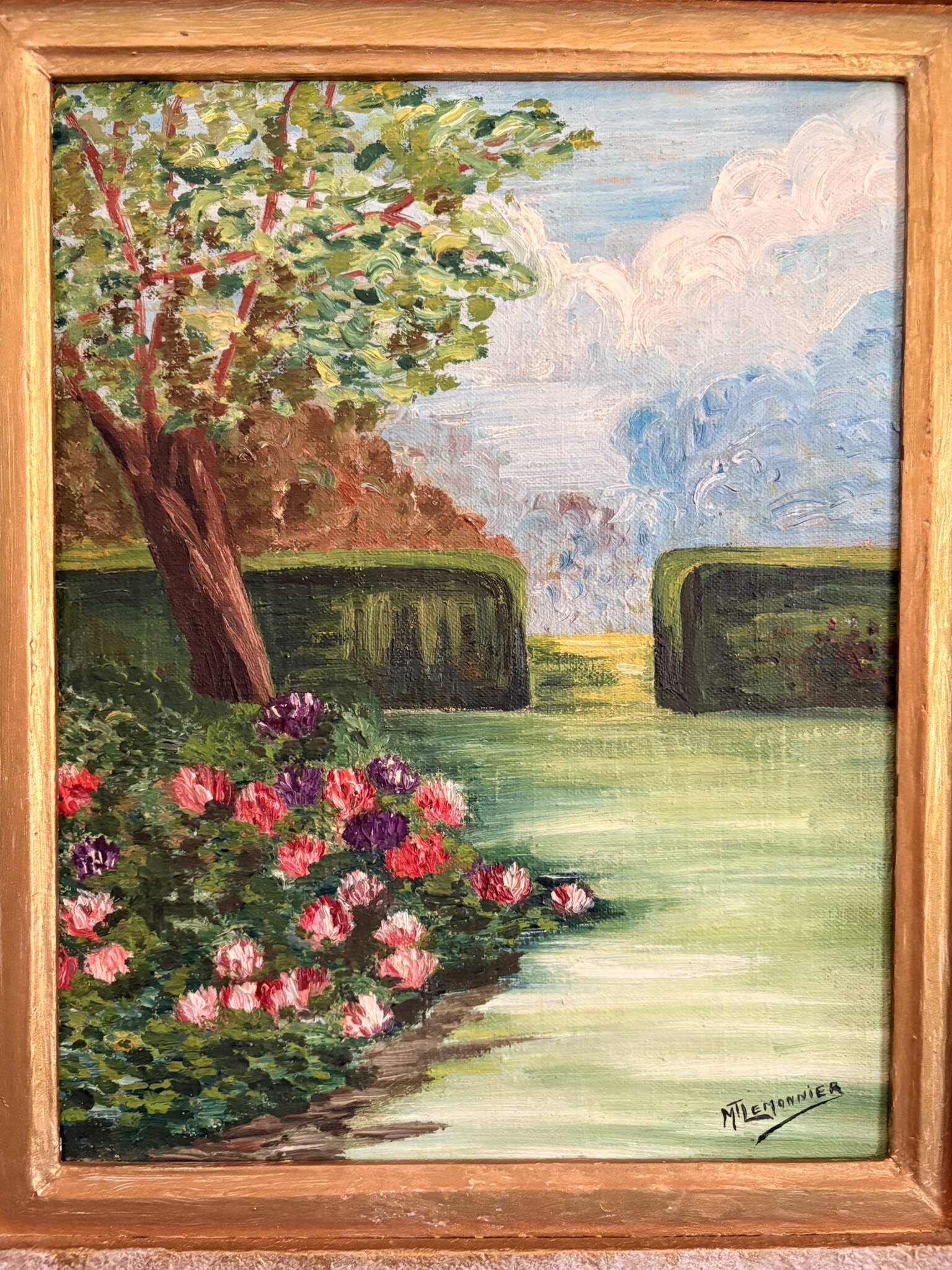 Old Oil Painting Canvas Garden Tree Flowers Rose Countryside Landscape