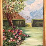 Old Oil Painting Canvas Garden Tree Flowers Rose Countryside Landscape