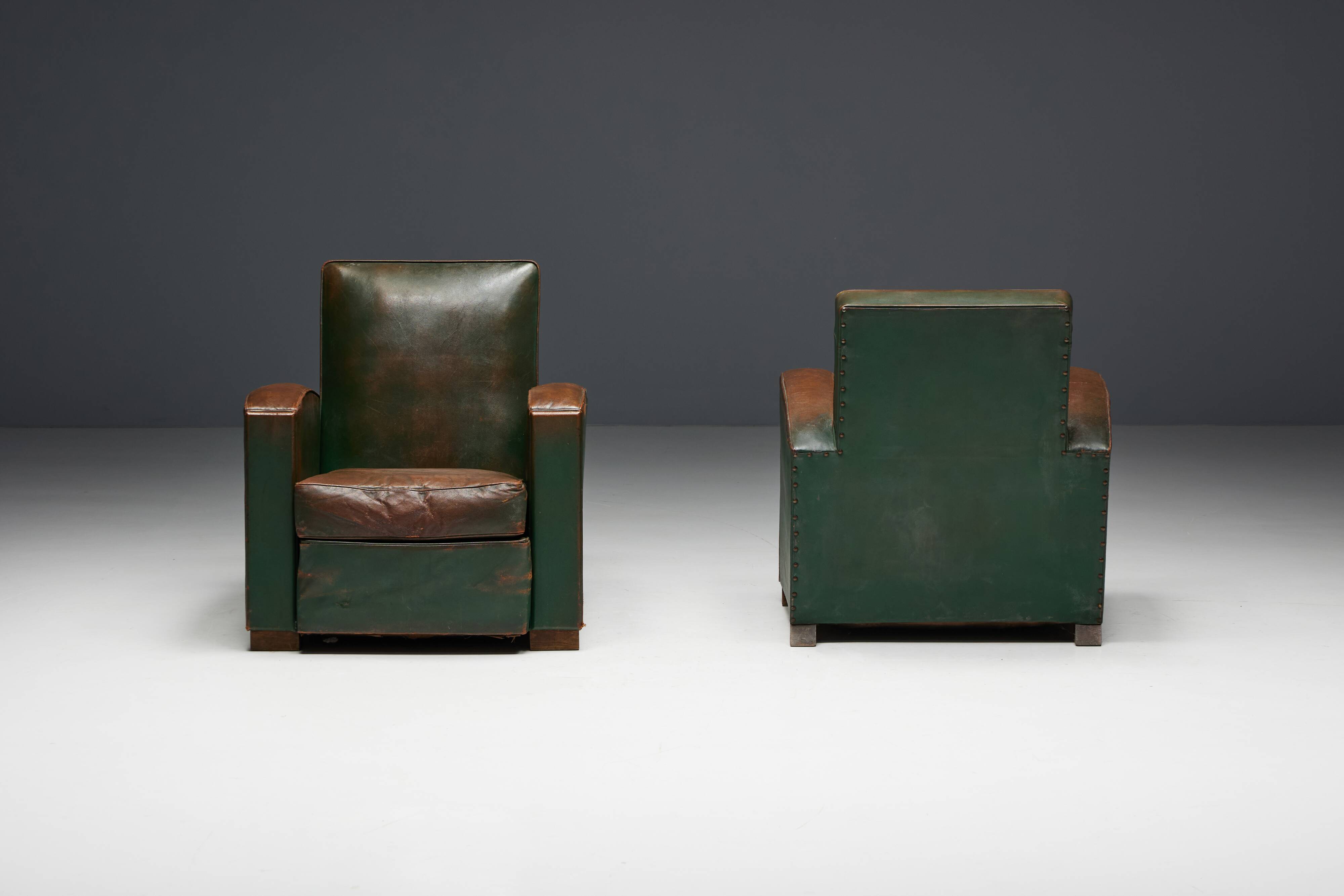 Art Deco Leather Club Chairs, France, 1930s