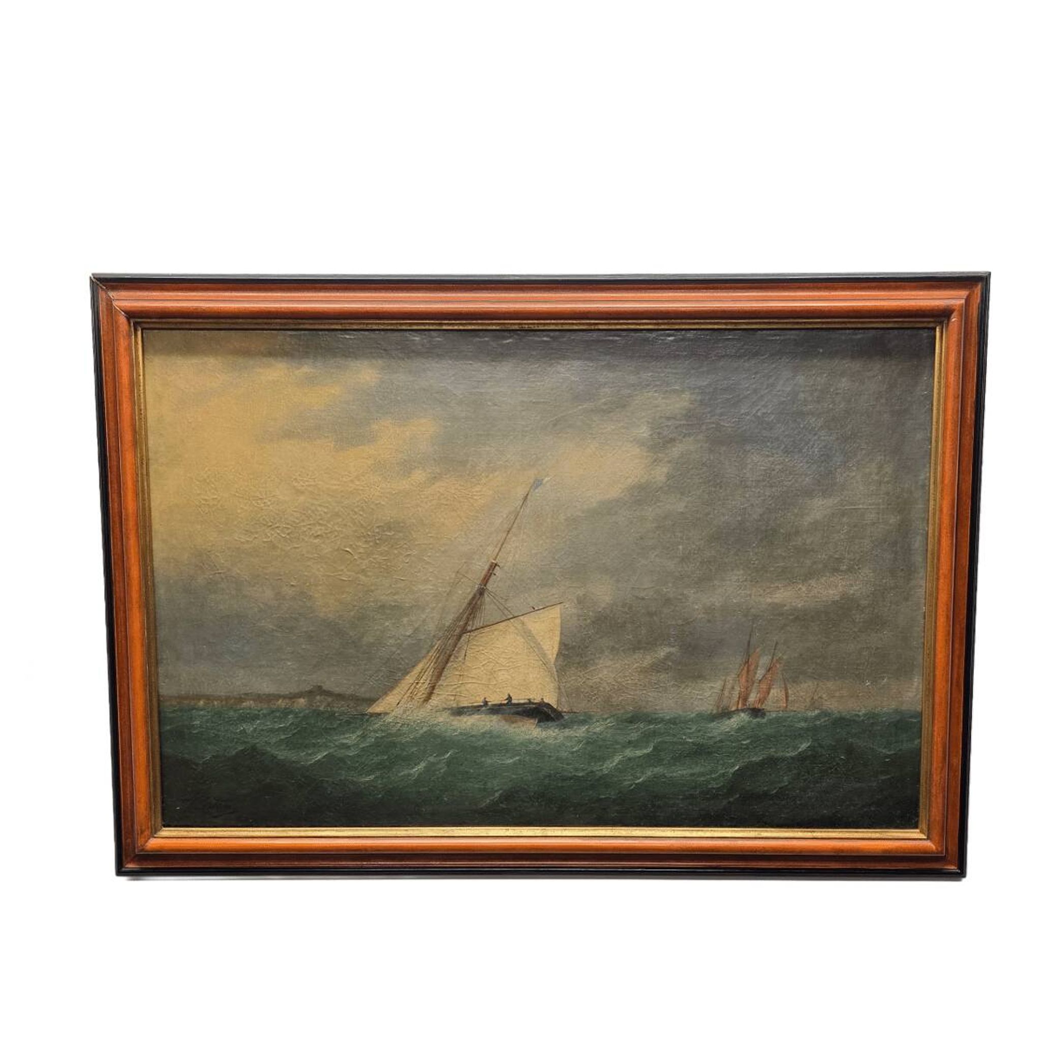 Antique Painting With A Sailboat On A Rough Sea, from around 1900