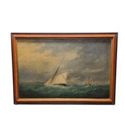 Antique Painting With A Sailboat On A Rough Sea, from around 1900