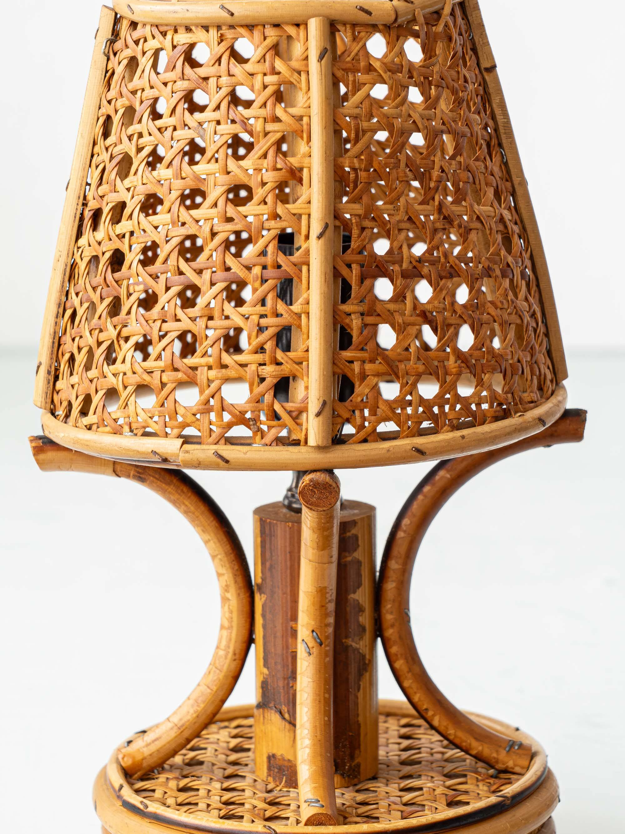 French Riviera Bamboo Rattan Table Lamps, Pair, Vienna Straw Shades, 1960s
