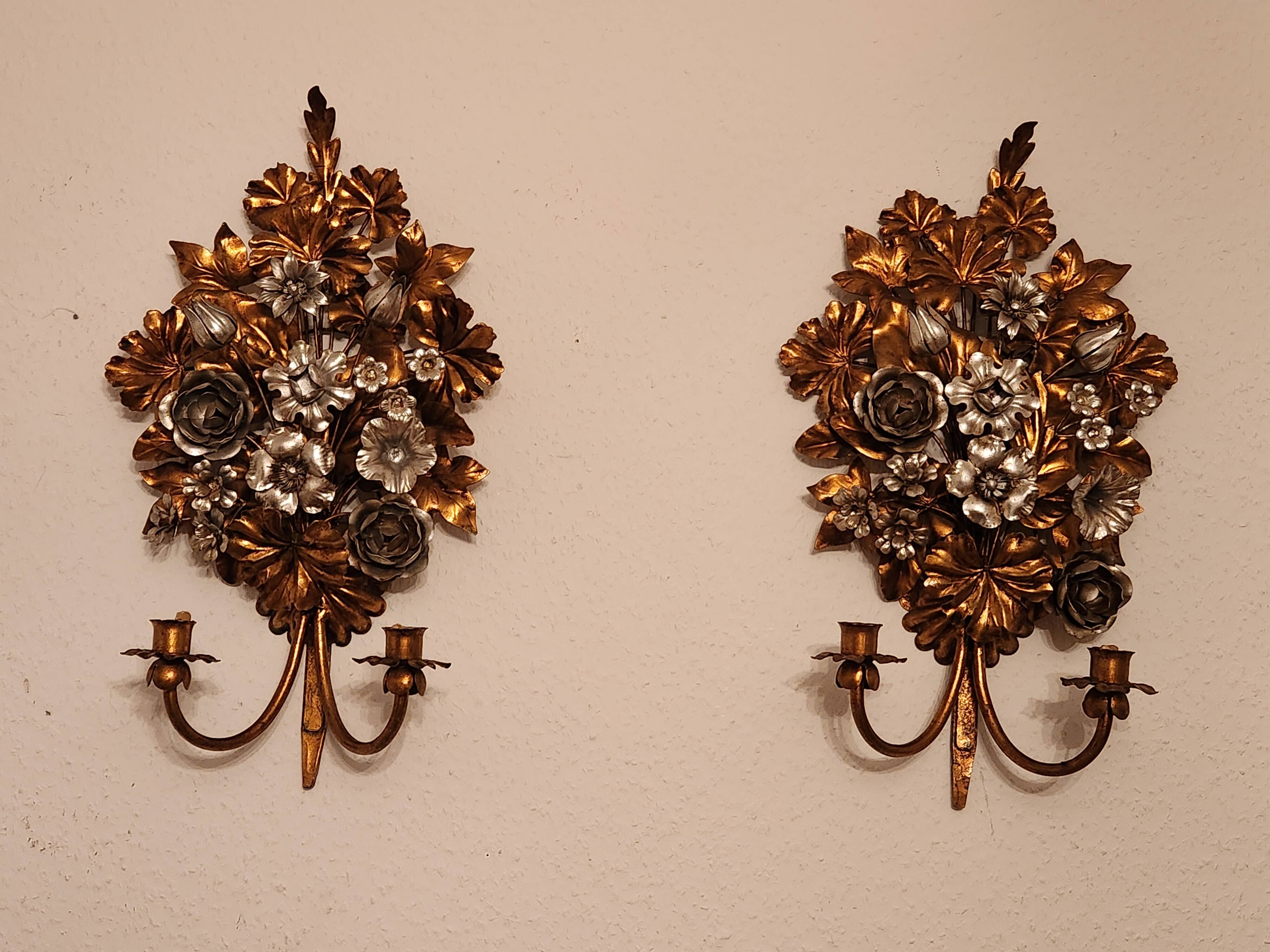Hand-forged gilded silver-plated candle wall lamps by S. Salvadori