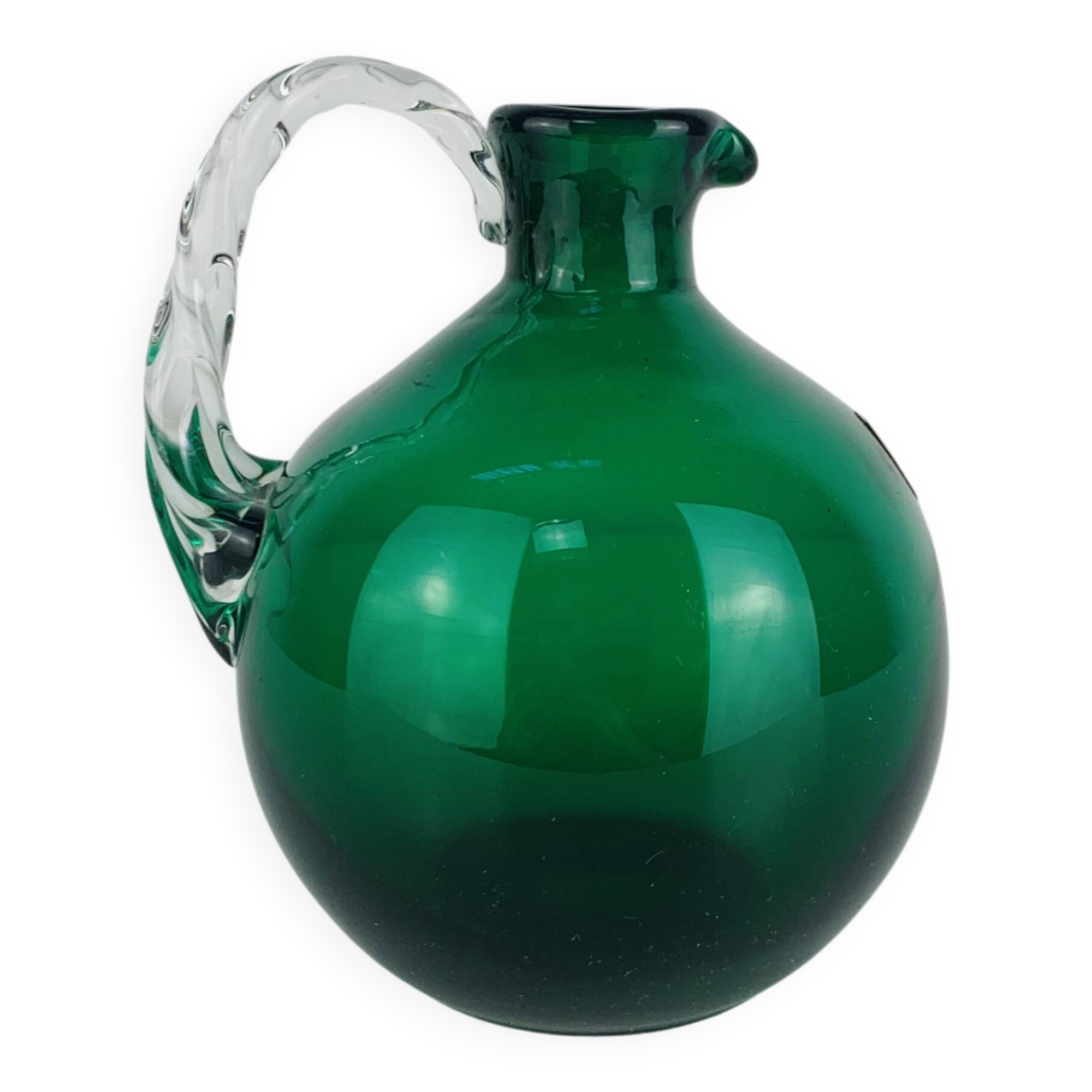 Vase rond verre de Murano vert, anse torsadée, vintage