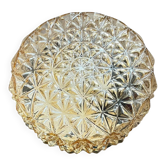 Vintage 1970s round wall light ceiling fixture with amber glass and gold.