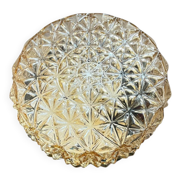 Vintage 1970s round wall light ceiling fixture with amber glass and gold.