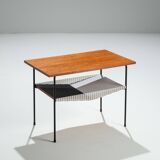 Sidetable with teak top and black and white storage shelves