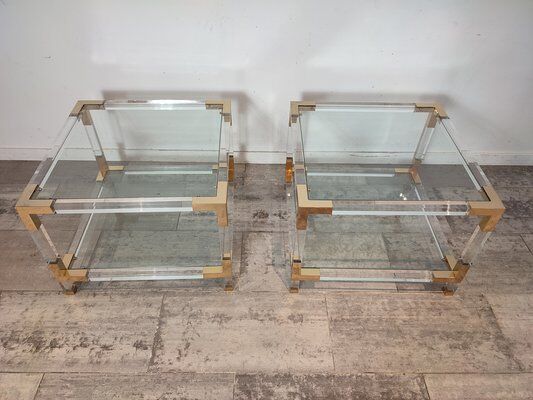 Set of 2 coffee tables in acrylic glass and brass, 1970s