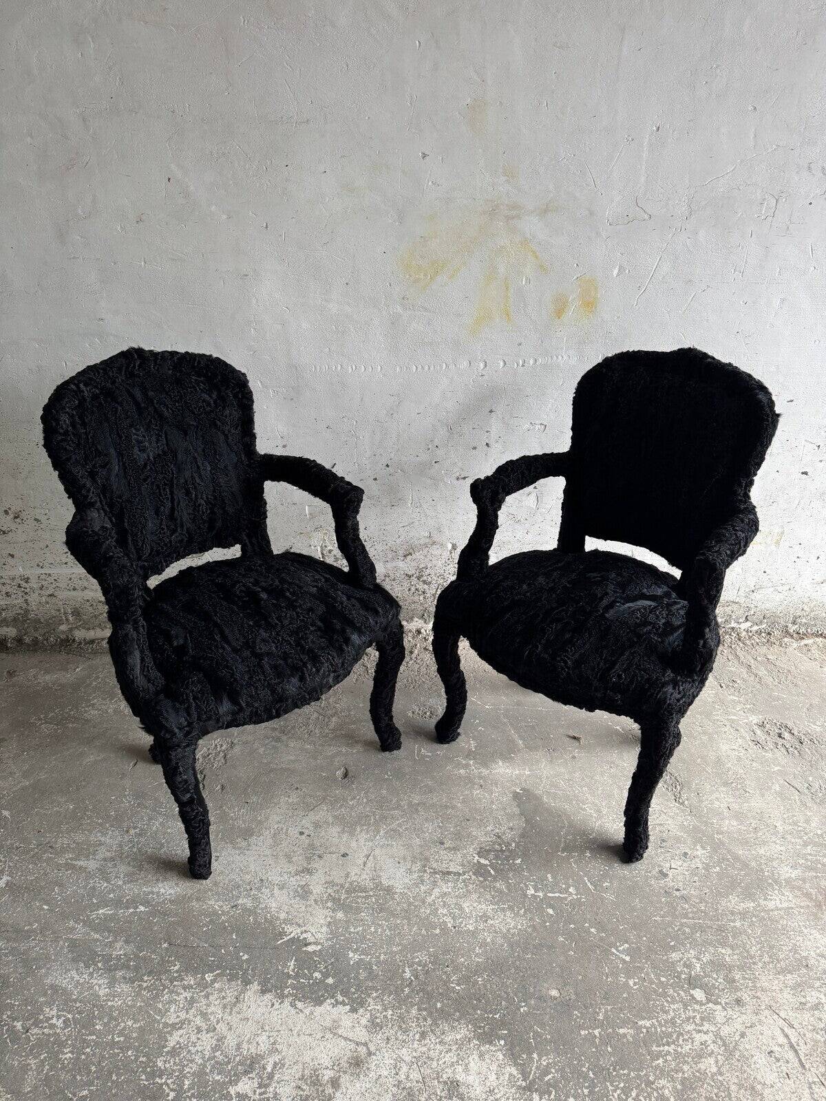 Set of 2 Black Feather-Textured Upholstered Theatrical Armchairs — Wood Frame, Dramatic Baroque Revival Style