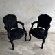 Set of 2 Black Feather-Textured Upholstered Theatrical Armchairs — Wood Frame, Dramatic Baroque Revival Style