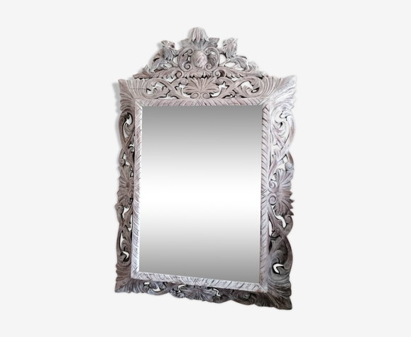 Miroir bois sculpté patiné céruse - 130x83cm