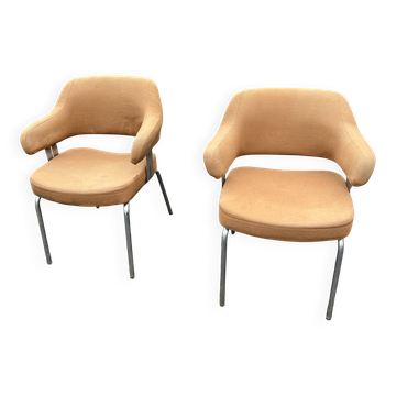 Pair of vintage armchairs with metal legs and orange fabric, 1960s-1970s