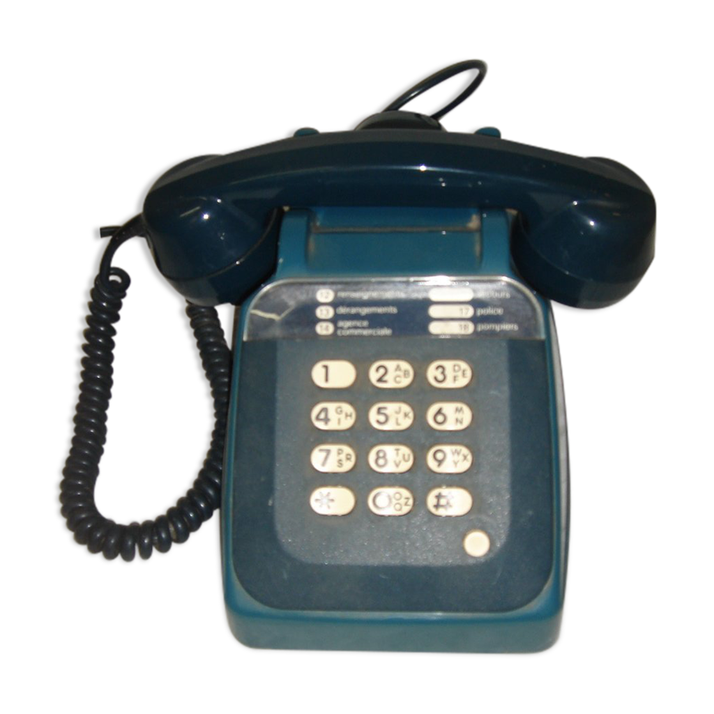 Ancien téléphone bleu à touches des années 1970/1980