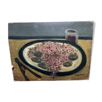 Still life painting of a plate of flowers and a wine glass.