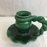 Old candleholder, glazed terracotta cellar, artisanal green color