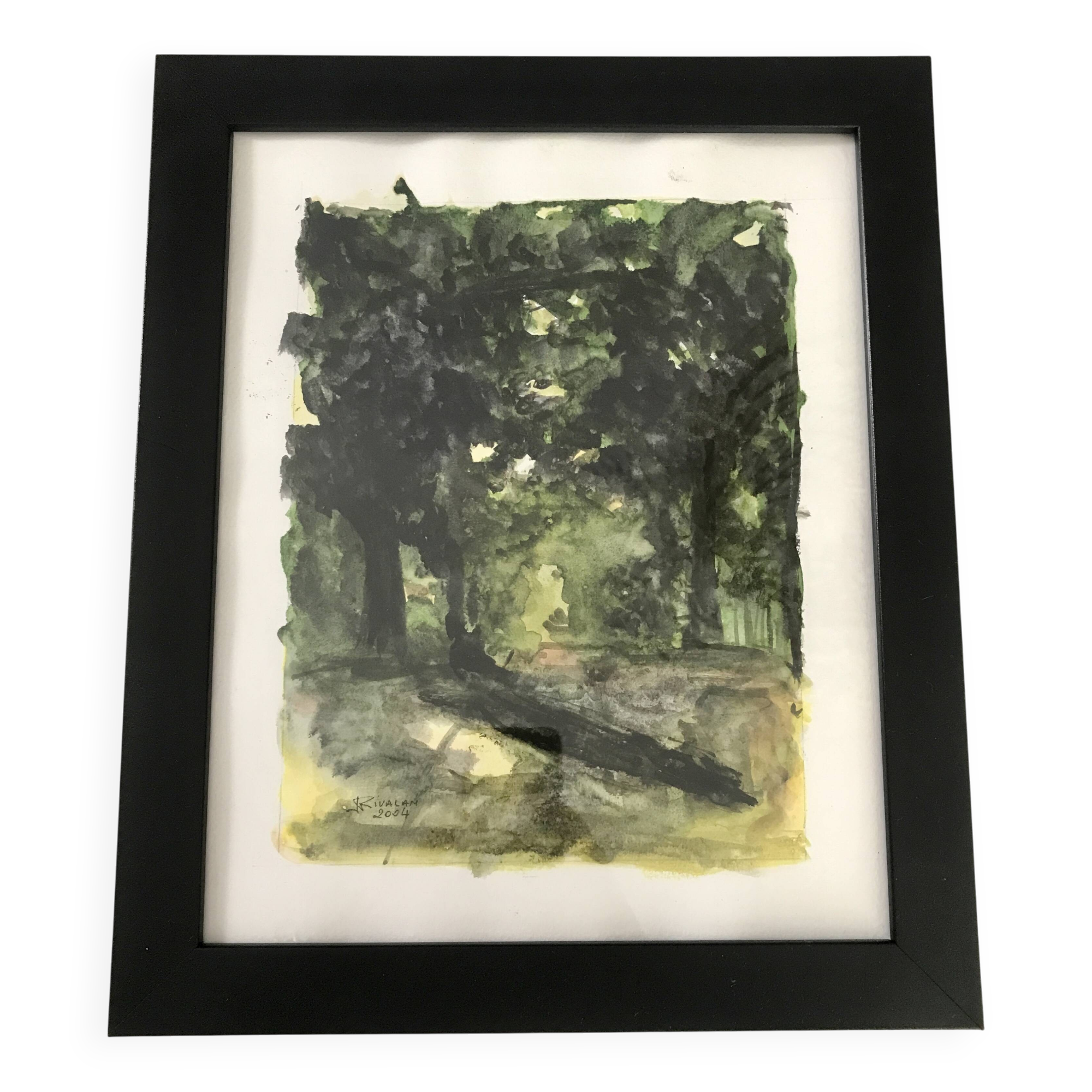 Framed watercolor under wood, signed