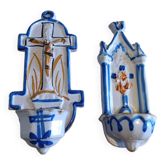 2 19th century earthenware holy water stoups