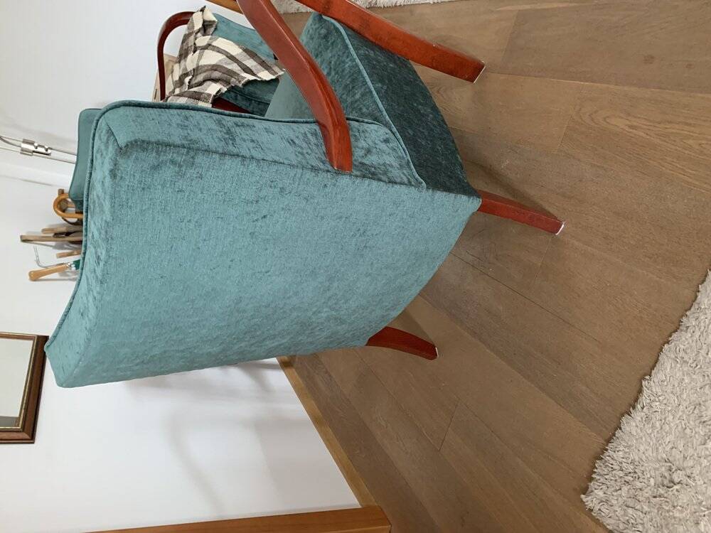 Art Deco green armchair in fabric and wood, 1920s, restored and reupholstered.