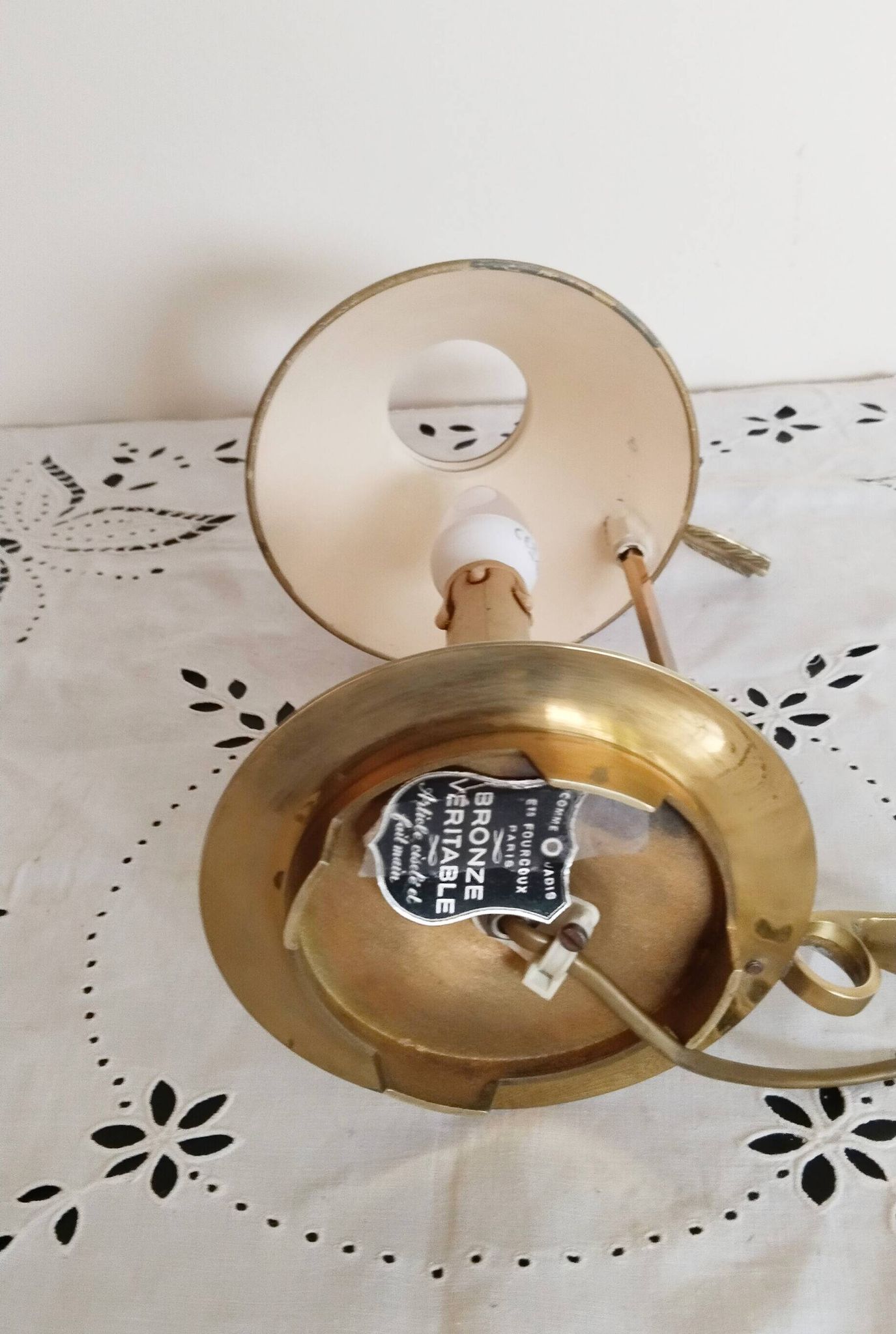 Gilded bronze hot water bottle lamp, Empire style, beige metal lampshade