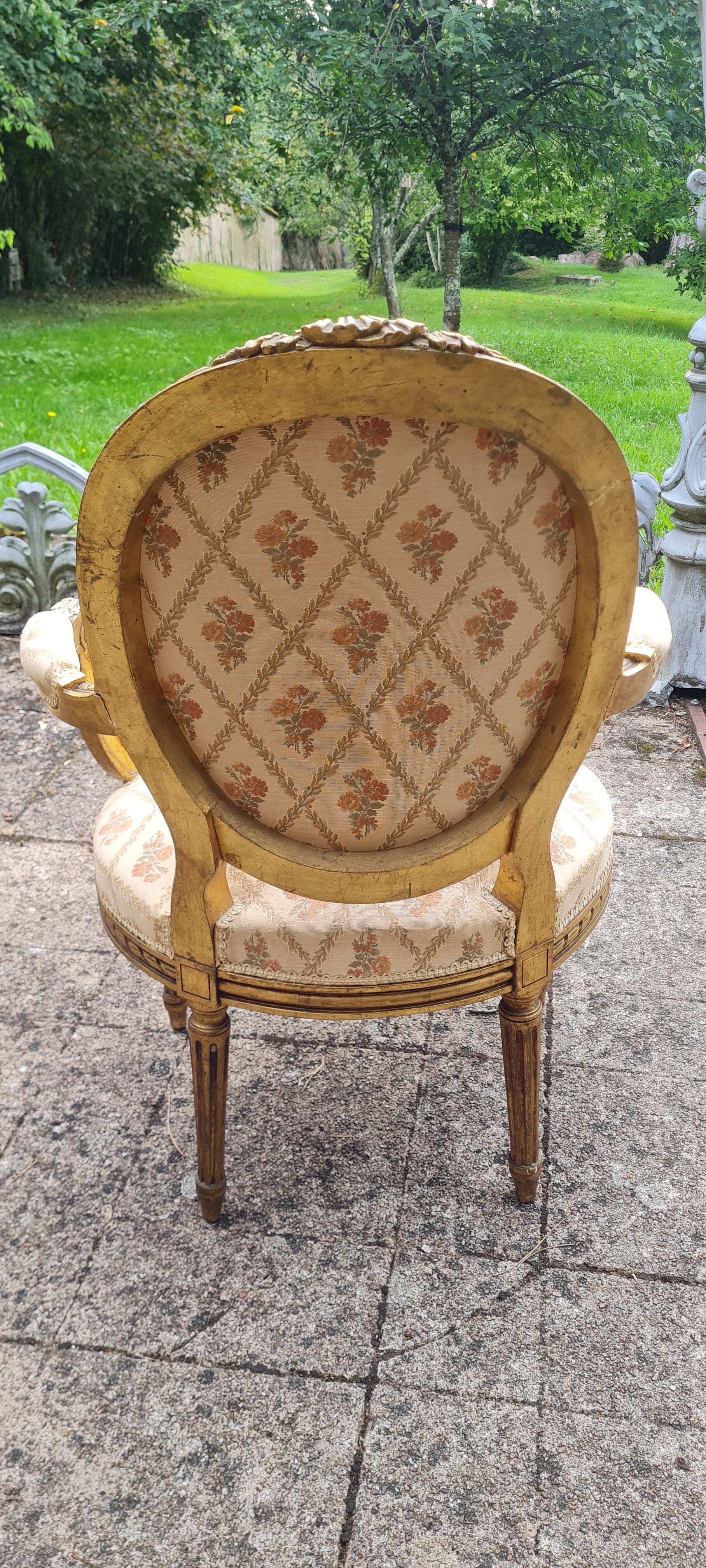 Pair of armchairs medallion in gilded wood Louis XVI style