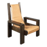 Fauteuil Design Brutaliste Bois et Cuir Vintage 1970s