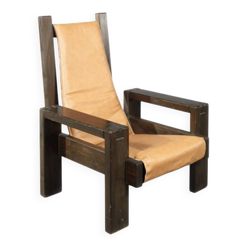 Brutalist Design Armchair Wood and Leather Vintage 1970s