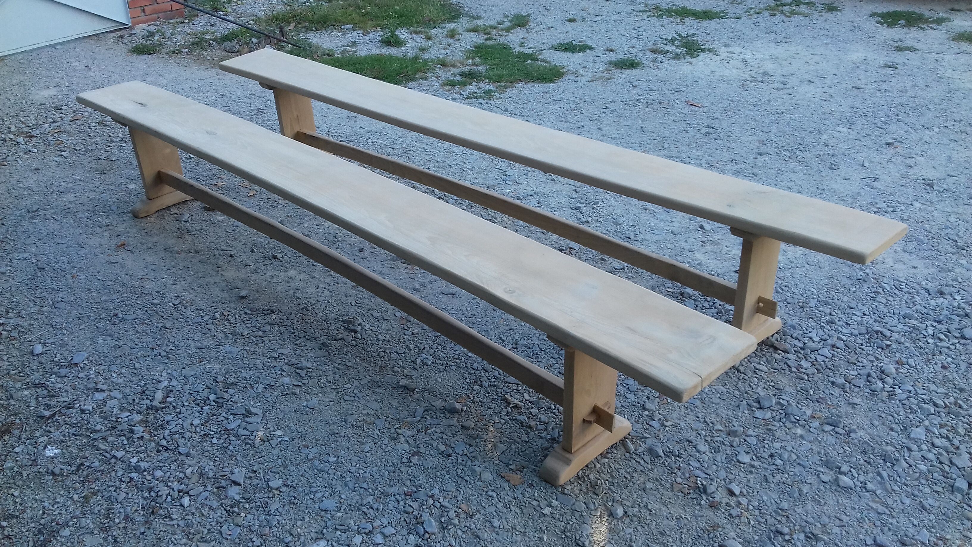 Large pairs of raw oak wooden benches