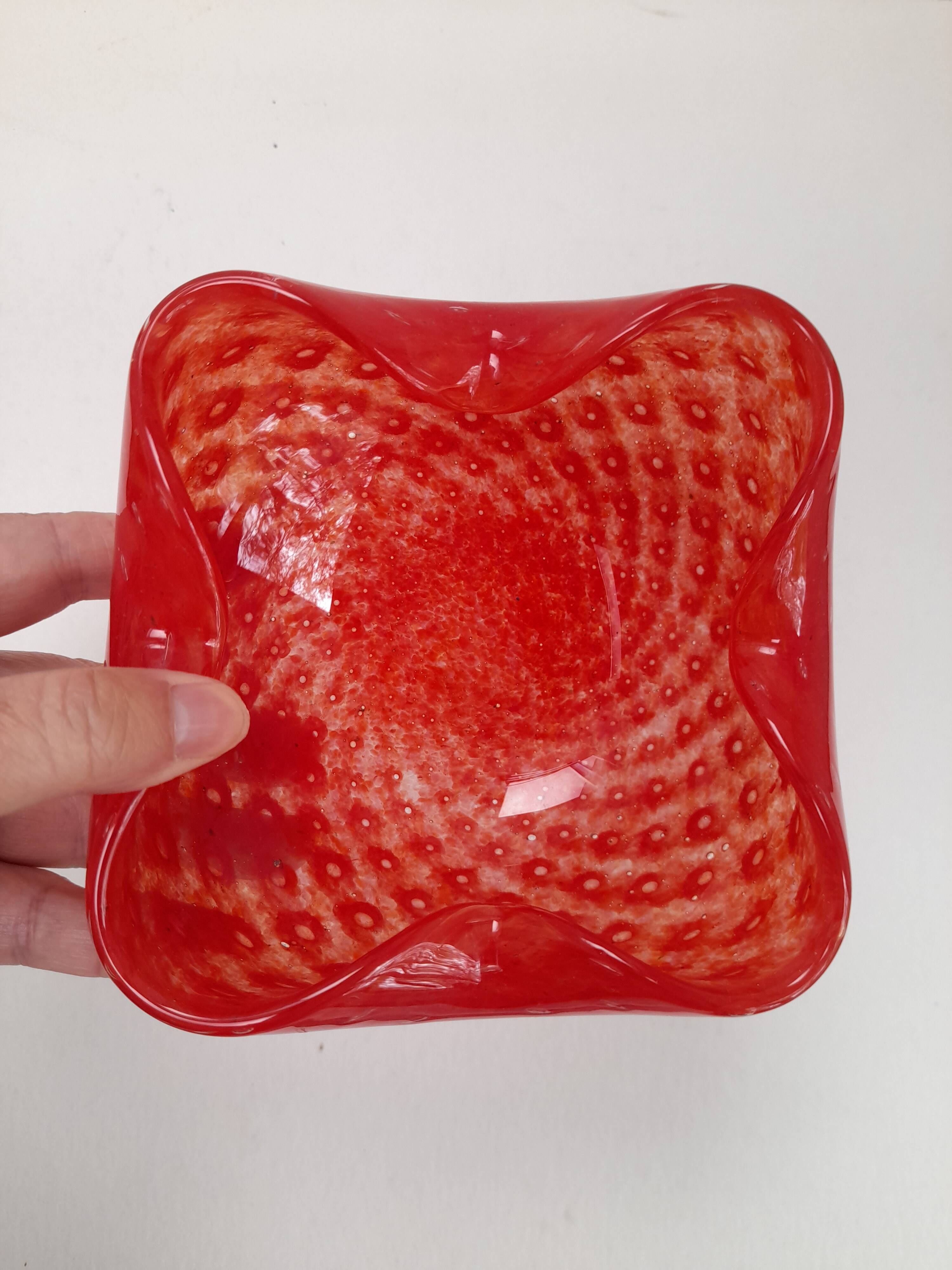 Red bullicante Murano glass catchall signed