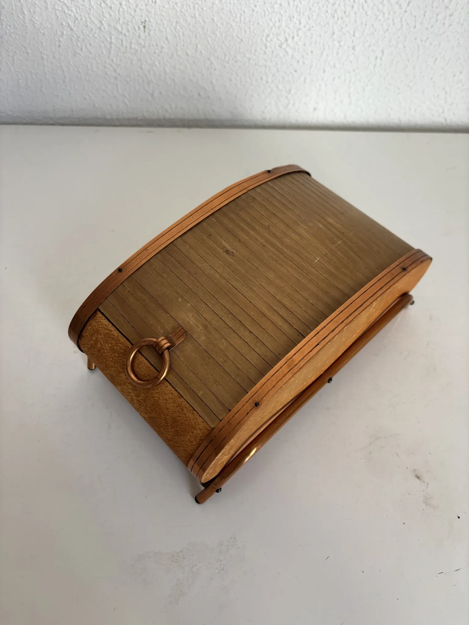 Vintage cigarette dispenser 1960 curtain box wood copper - 21 x 12 cm
