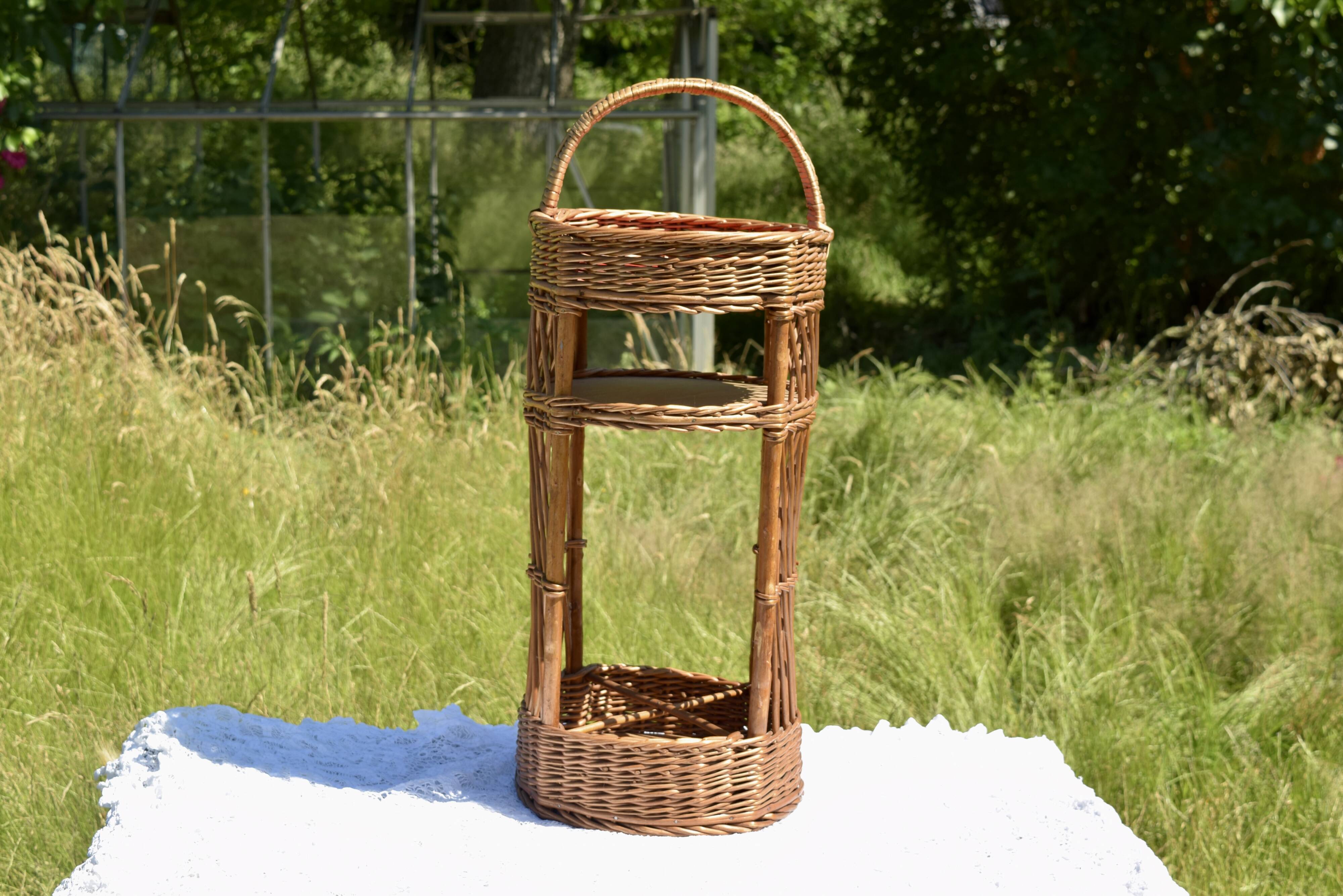 Wicker bottle holder basket with slots for plates and glasses - 1970s