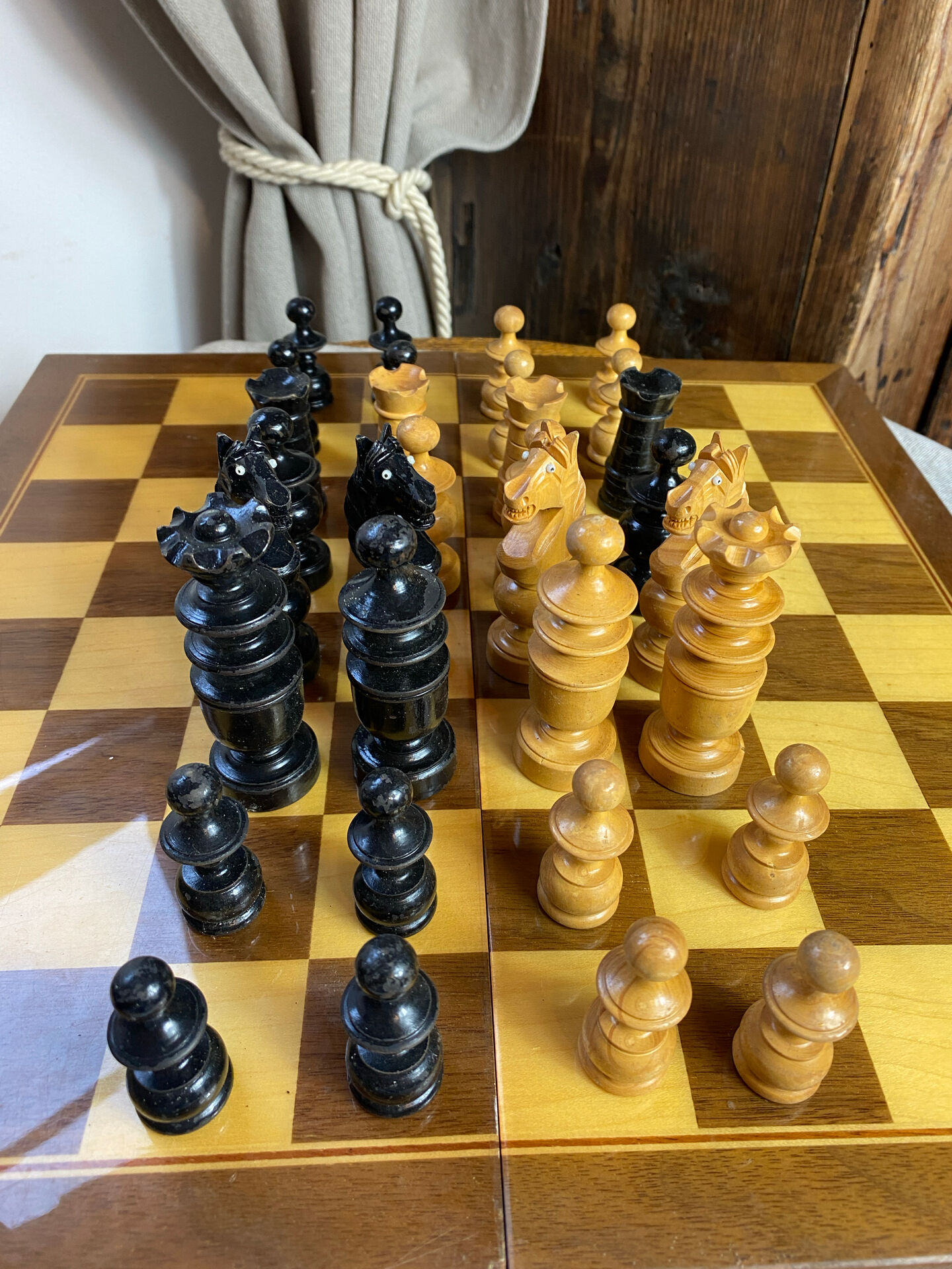 Chess set with wooden board and pieces