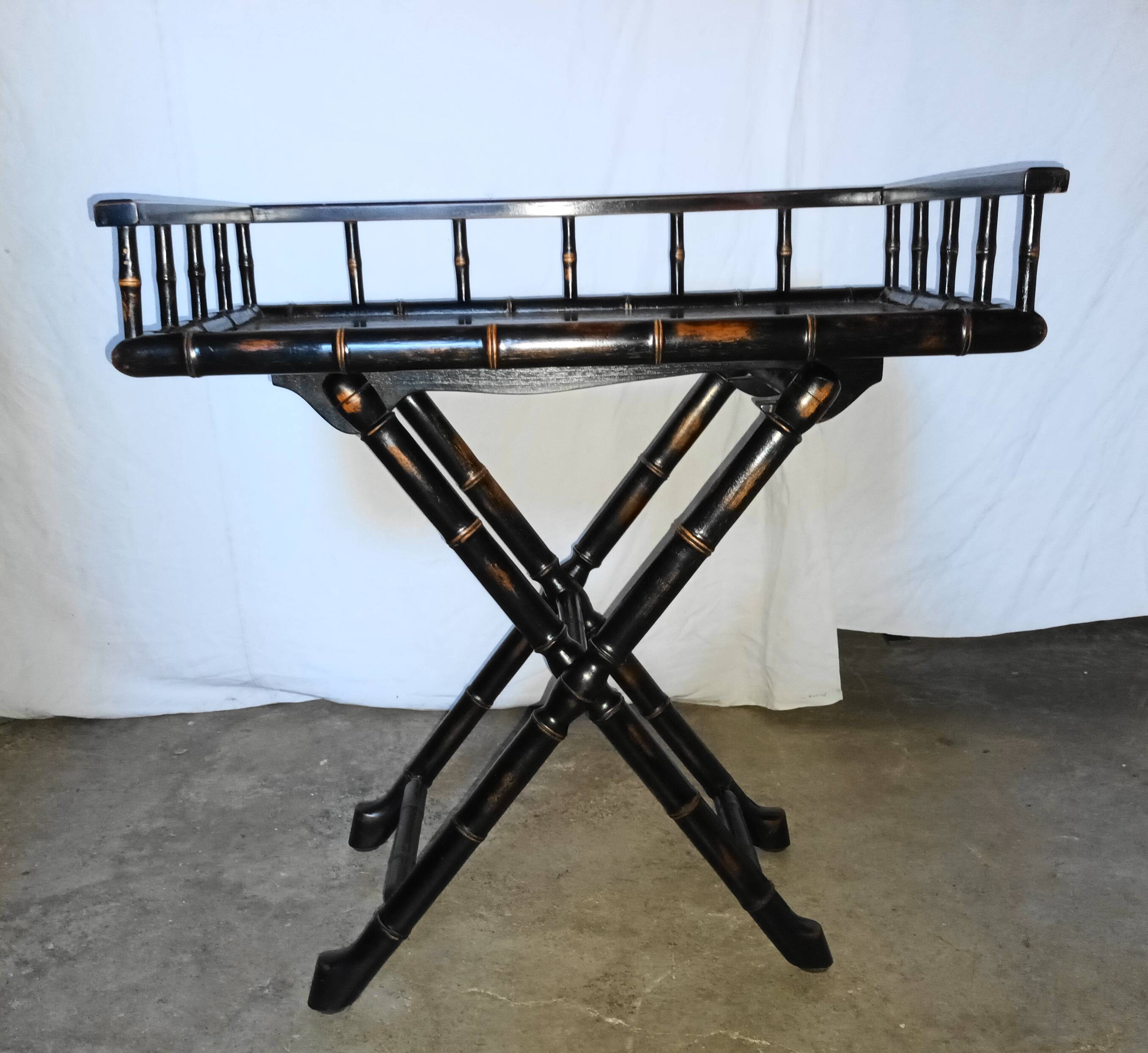 Foldable desk table in blackened wood and carved bamboo style, 1950s