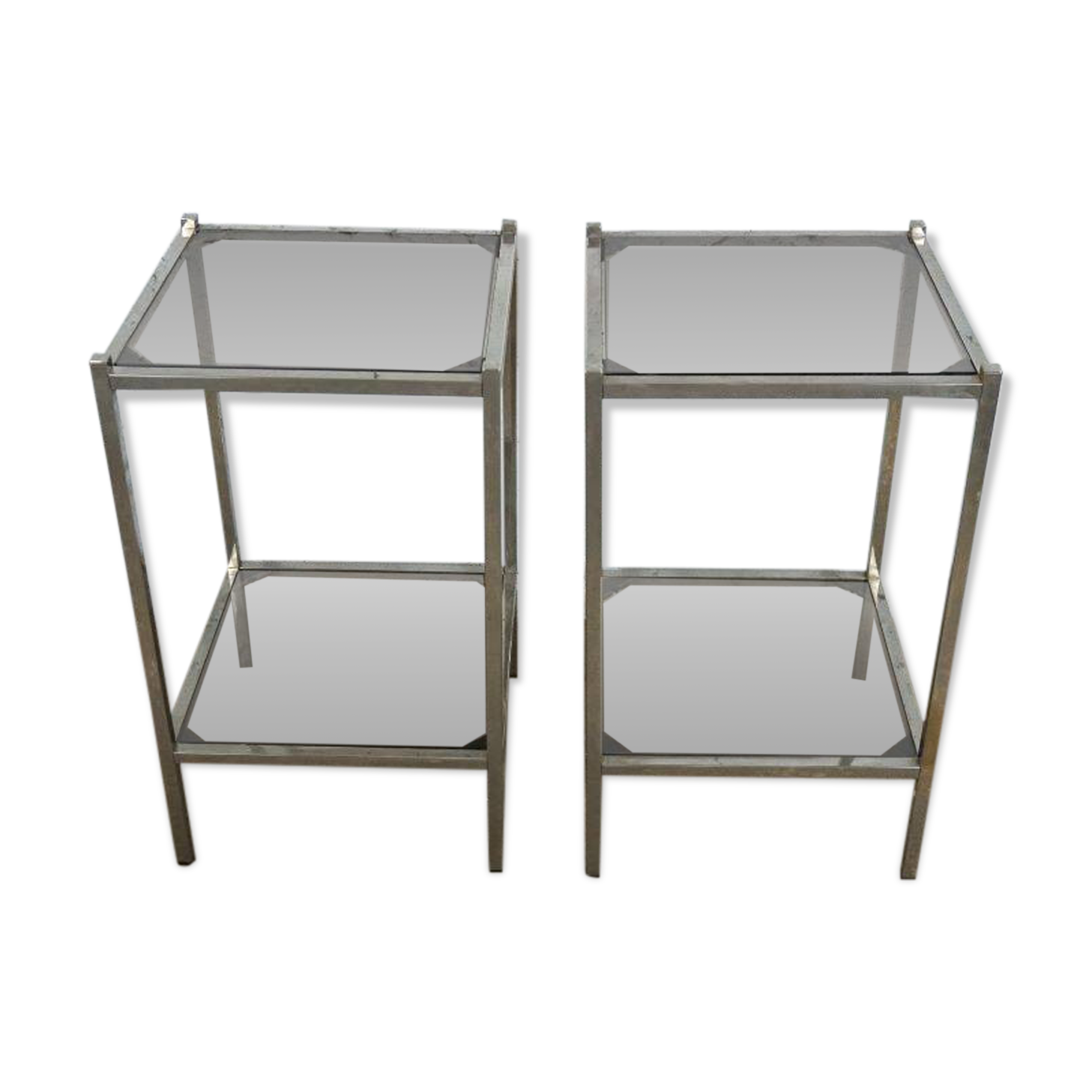 Pair of vintage side tables, chrome and smoked glass 1970