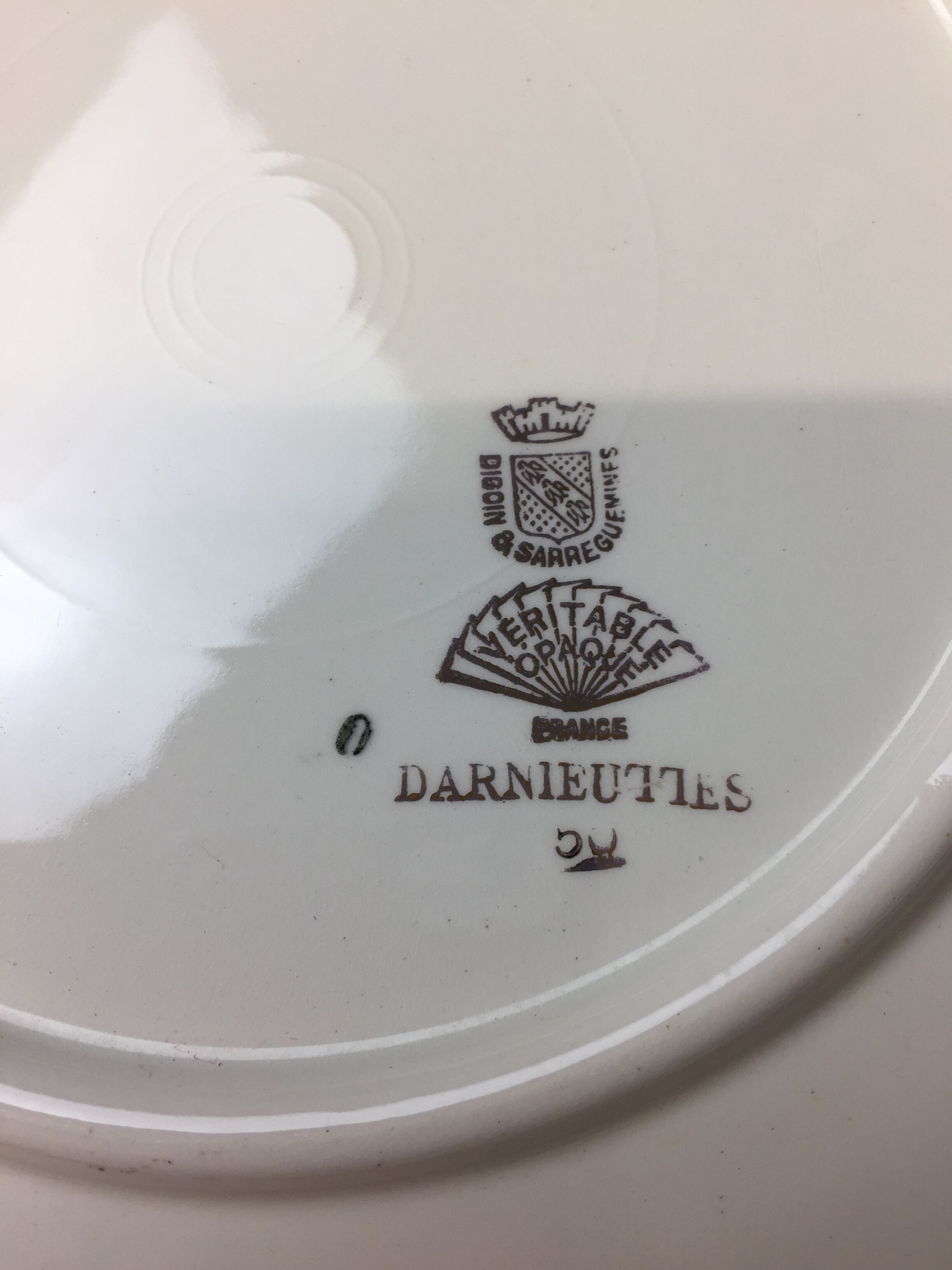 Round dish with white and gold handles made in France Digoin Sarreguemines