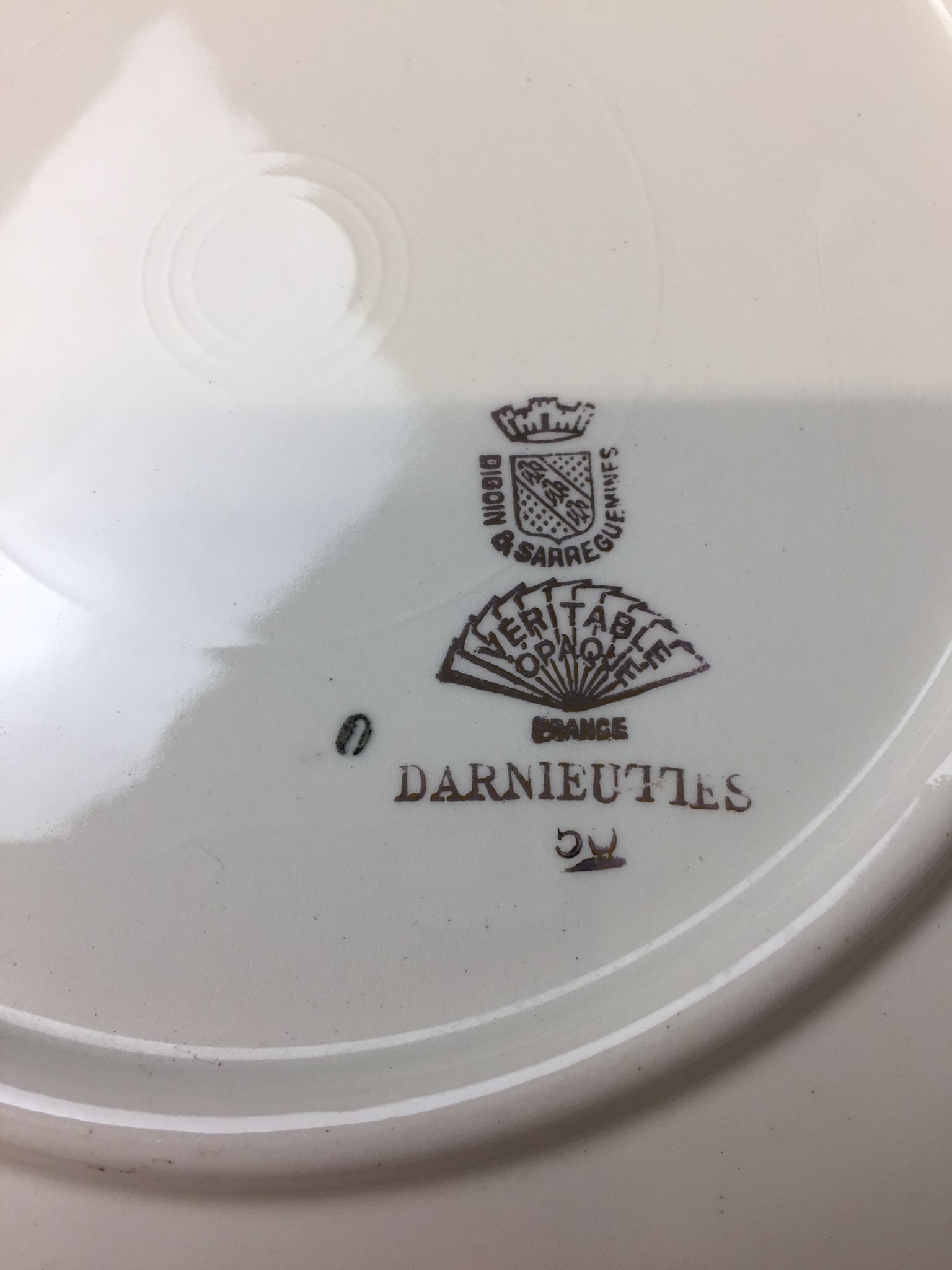 Round dish with white and gold handles made in France Digoin Sarreguemines